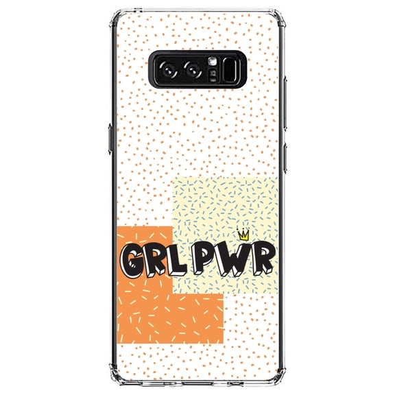 DistinctInk Clear Shockproof Hybrid Case for Samsung Galaxy Note 8 - TPU Bumper, Acrylic Back, Tempered Glass Screen Protector - Girl Power - GRL PWR - Crown, Polka Dots