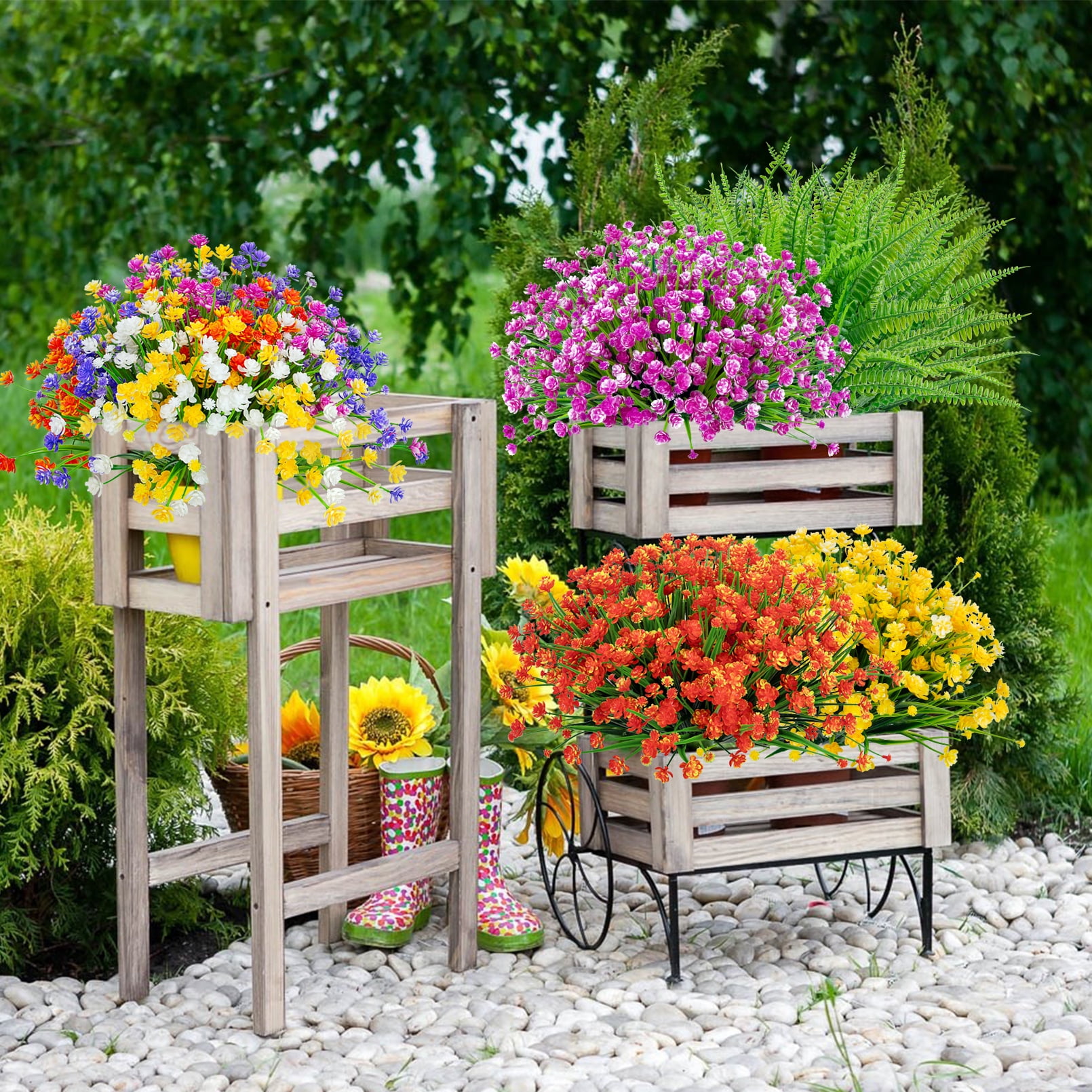 Scidweet 24 Bundles Artificial Flowers Outdoor, Faux Fake Flowers Plastic Floral Plants Spring Summer Decoration for Outside Home Patio Garden Decor, Multicolor