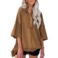 thumbnail image 2 of Blusa holgada Honeeladyy informal de verano con mangas 3/4 y cuello redondo para mujer, ideal como regalo para tu familia o amigos (marrón, XL), 2 of 5