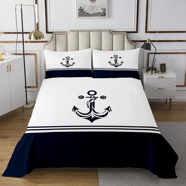 Erosebridal Ocean Anchor Coverlet Set King, Stripes Geometry Bedding Set, Nautical Bed Set, Ultra Soft Room Decorative, 3-Piece
