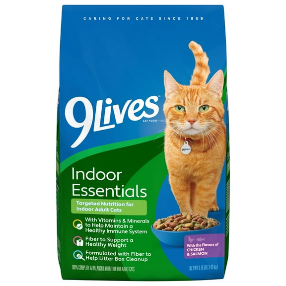 9Lives Indoor Essentials Dry Cat Food for Adult Cats with Chicken & Salmon Flavors, 3.15 lb. Bag