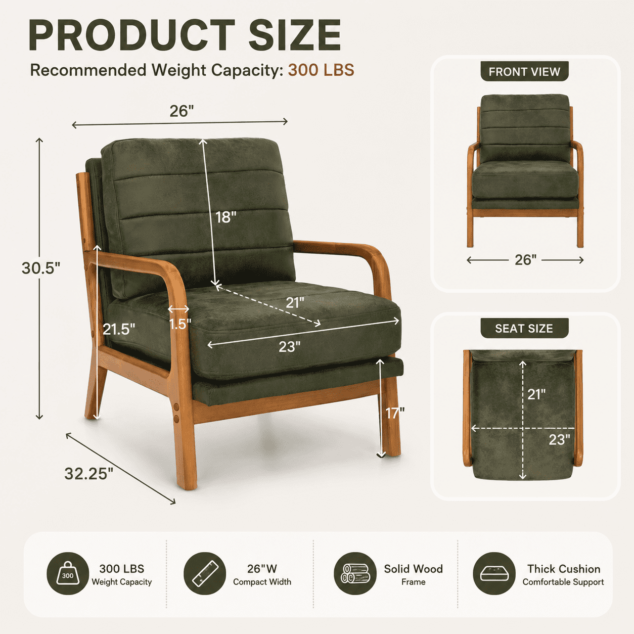 Homy Casa Mid-Century Accent Chair, Upholstered Reading Chair with Wood Frame, Olive Green