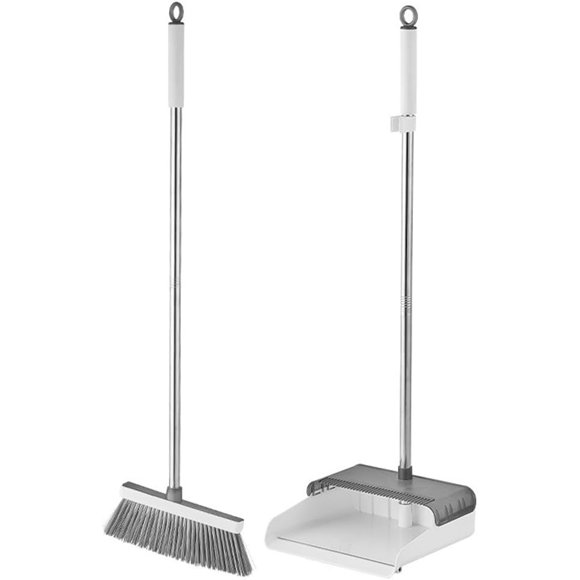 Broom with Dustpan Set, Dust Pan and Broom with Long Handle and Comb Teeth, Heavy Duty Upright Standing Dustpan Broom Combo for Home Kitchen Office Lobby Floor Cleaning (Grey + White)