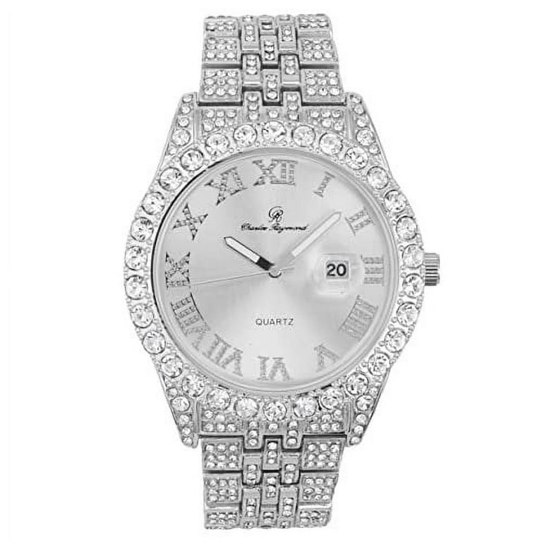 Charles Raymond Fully Iced Out Crystal Diamond Mens Watch w Easy Read Date and w Roman Numerals Combo with Designer Hip Hop Blinged Out Bracelet and Ring ST10226RND Silver Silver 9 Walmart
