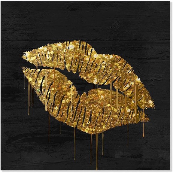 Gold Wall Decor Black and Gold Lip Canvas Wall Art Fashion Glam Poster Kiss Picture for Bedroom Bathroom Wall Decoration Ready to Hang