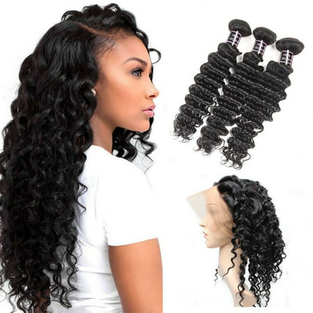 Ishow Hair 360 Lace Frontal with 3Bundles 7A Brazilian Deep Wave Human Hair Free Part Pre-plucked Closure Swiss Lace, 10