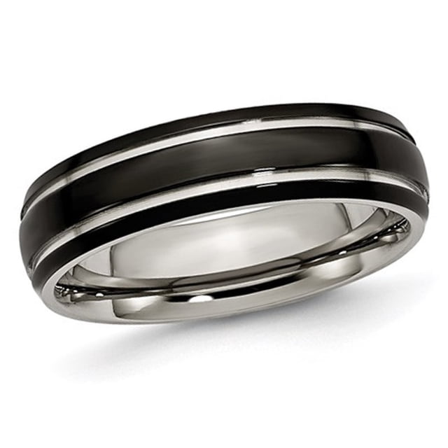 Mens 6mm Grooved Black Plated Titanium Wedding Band Ring