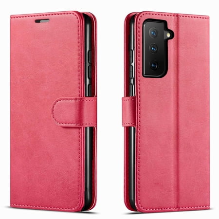 Starshop Leather Wallet Cell Phone Case with Screen Protector for Samsung Galaxy S21 FE, Pink
