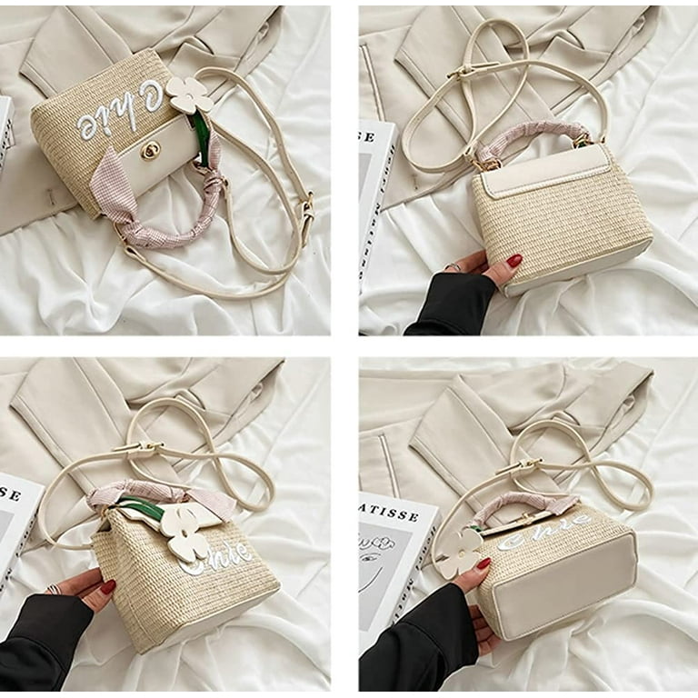 Cocopeaunts Crossbody Bags for Women Cute Straw Shoulder Bag Handmade Woven Beach Hobo Handbag Travel Square Bag Purse with Silk Belt, Adult Unisex