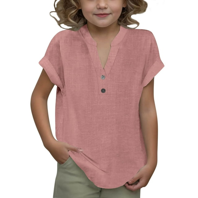 DecSea Linen Shirts for Kids 2025 Summer Button Down V Neck Short Sleeve Tops Casual Solid Blouses