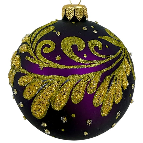 Purple Blown Glass Ornament - European Mouth-Blown Ball Holiday Christmas Tree Decoration, Purple, Gold Leaves and Swirl Design