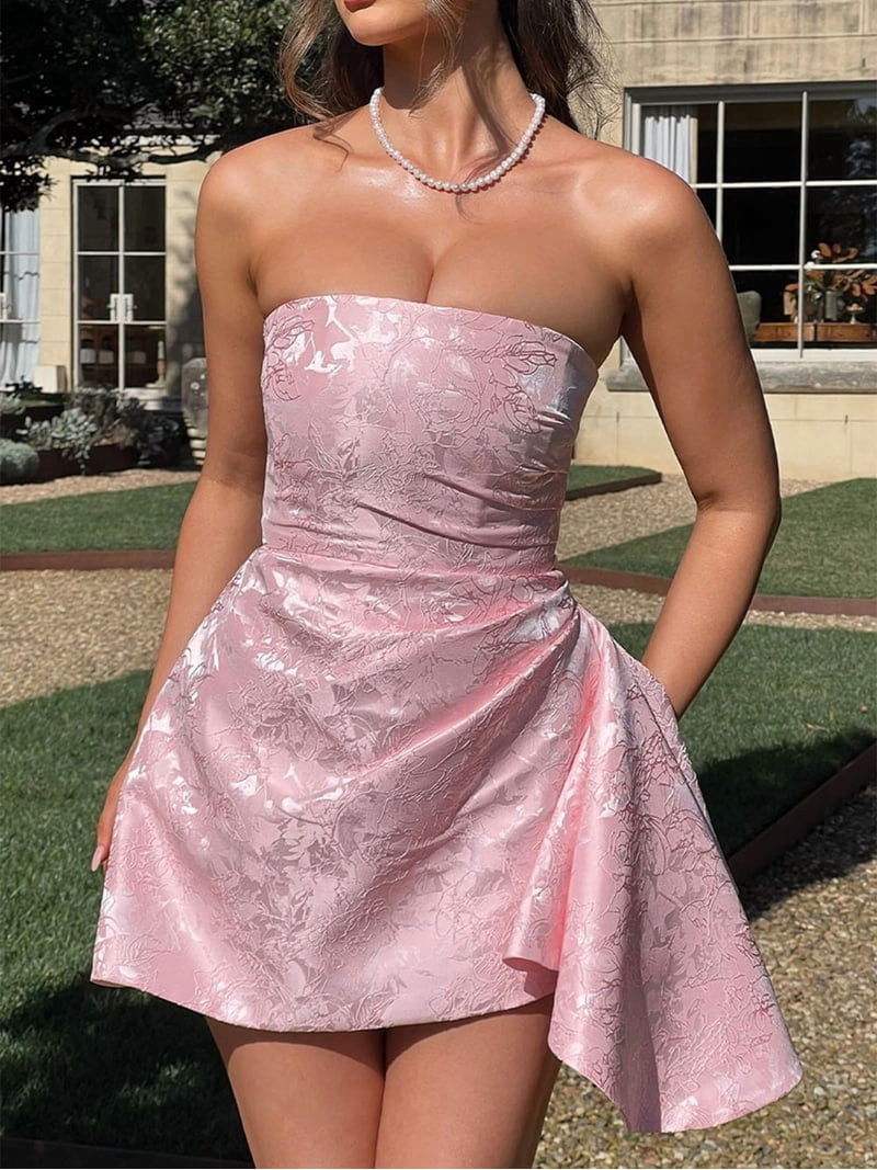 modest pink homecoming dress Embroidery Satin with Strapless Mini Dresses A Line Short Prom Dress Party Gown XL flag:Lightly-loved