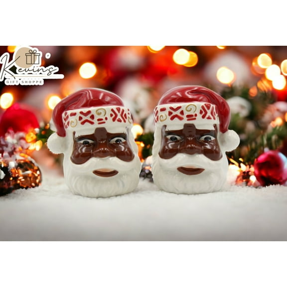 African American Santa Salt and Pepper Shaker Set Ceramic 2.75in