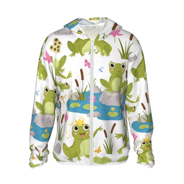 Balery Cartoon Frogs Sudadera ligera de manga larga con capucha y protección solar UPF 50+ para hombre y mujer, ideal para pesca y running-X-Large