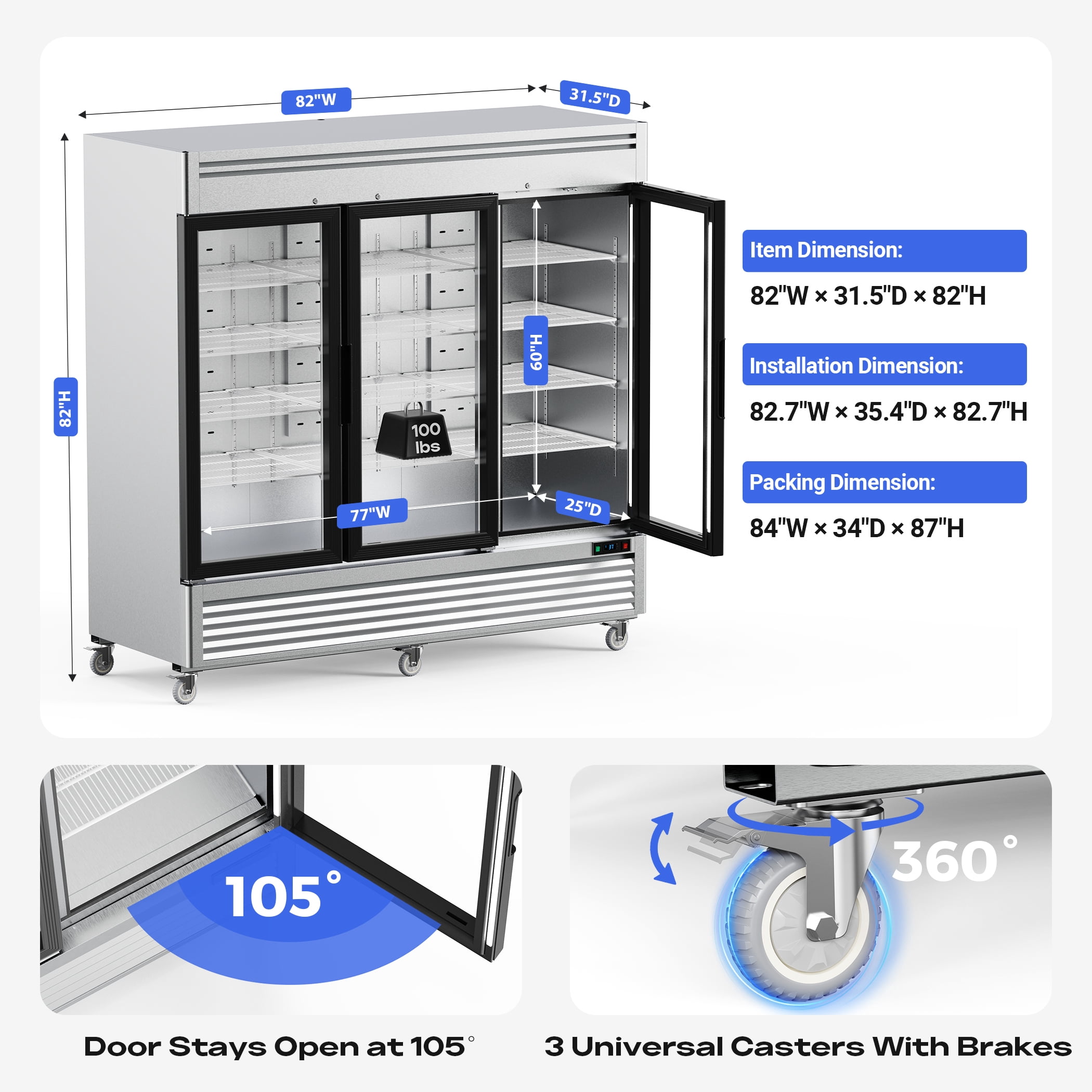 Coolake 82" Commercial Refrigerator 3 Glass Door, 72 Cu.ft Stainless Steel Upright Merchandiser Cooler, 33℉~41℉