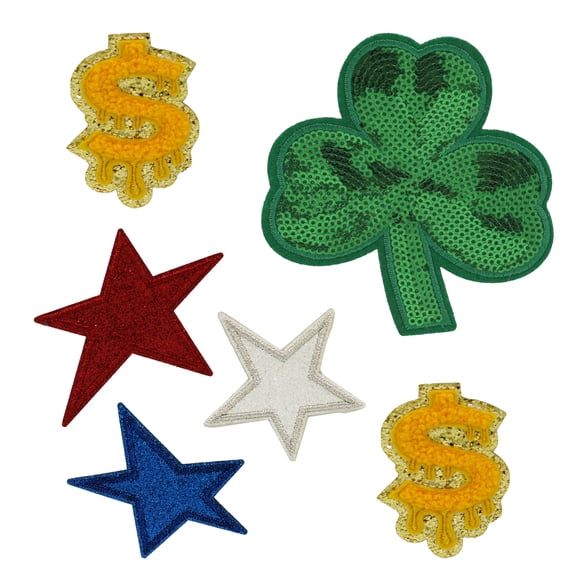 Gwen Studios American Dream Iron-on Patch Appliques - 2 Gold Dollar Signs, 1 Green Clover, 3 Stars