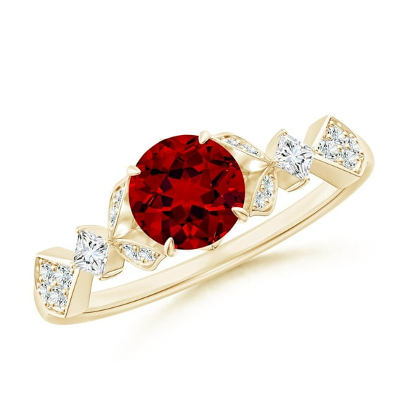 ANGARA Lab Grown 1 Ct Vintage Style Round Ruby Engagement Ring with Leaf Motifs for Women in 14K Yellow Gold (Size-6mm) | July Birthstone, Anniversary, Jewelry Gift for Women | Lab-Grown Ruby Ring