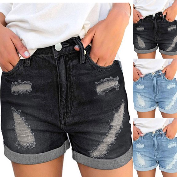 Wlynlyn Womens Denim Shorts Mid Rise Distressed Jean Shorts Casual Summer Stretchy Ripped Shorts