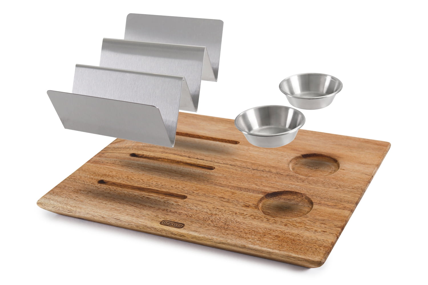 Dexas Acacia Wood Taco Serving Board with Two 2oz Stainless Steel Cups and Taco Holder