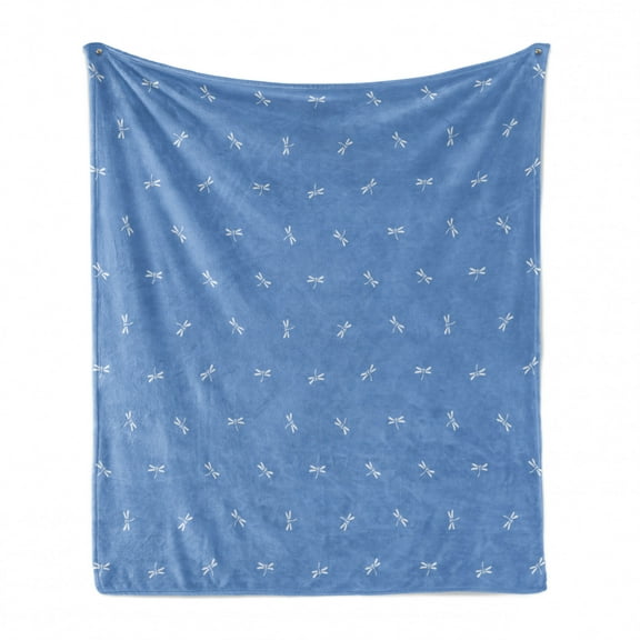 Blue and White Soft Flannel Fleece Throw Blanket, Oriental Dragonfly Motifs Inspirations on Blue Backdrop, Cozy Plush for Indoor and Outdoor Use, 50" x 70", Blue and White, by Ambesonne