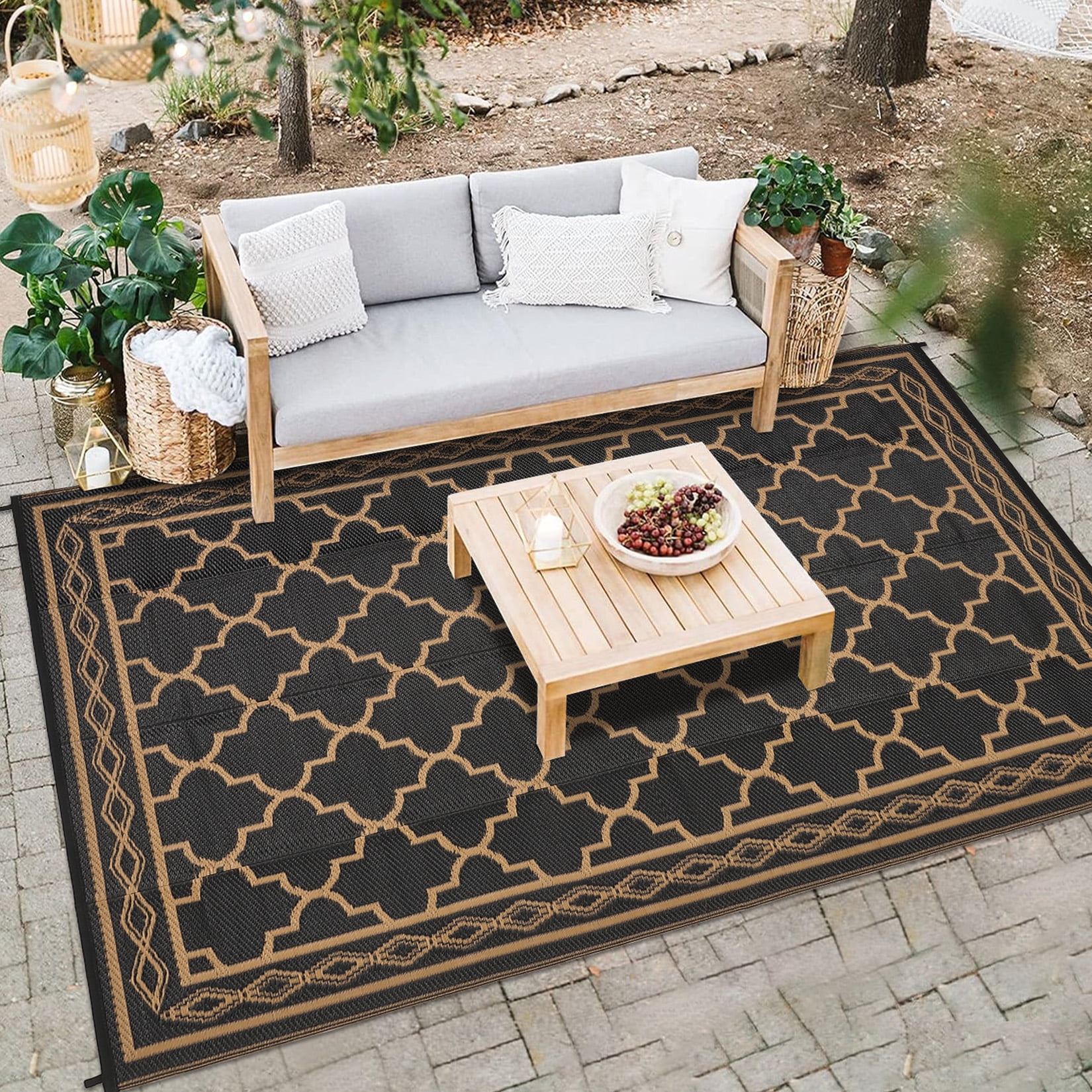 HIWEAVER 9' x 12' Black/Brown Outdoor Rug PP Plastic Straw Woven Waterproof Patio Rug with Border Portable Outside Carpet for Balcony Deck Picnic Garden Decor