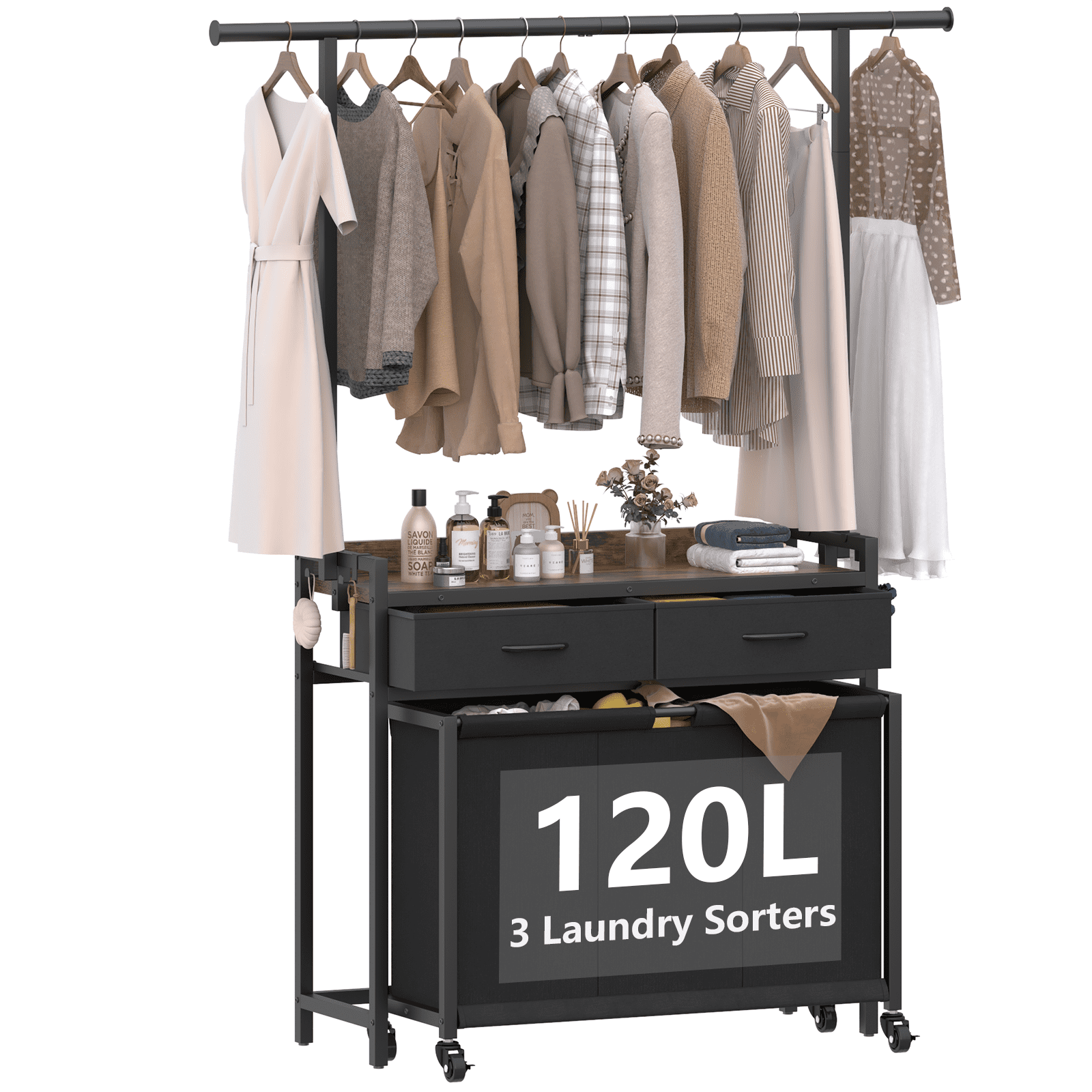 Laundry Sorter Hamper with Hanging Clothes Rack, 3-Section Rolling Laundry Basket with Pull-Out Bags and 2 Storage Drawers, Vintage Brown Laundry Organizer for Sorting & Folding