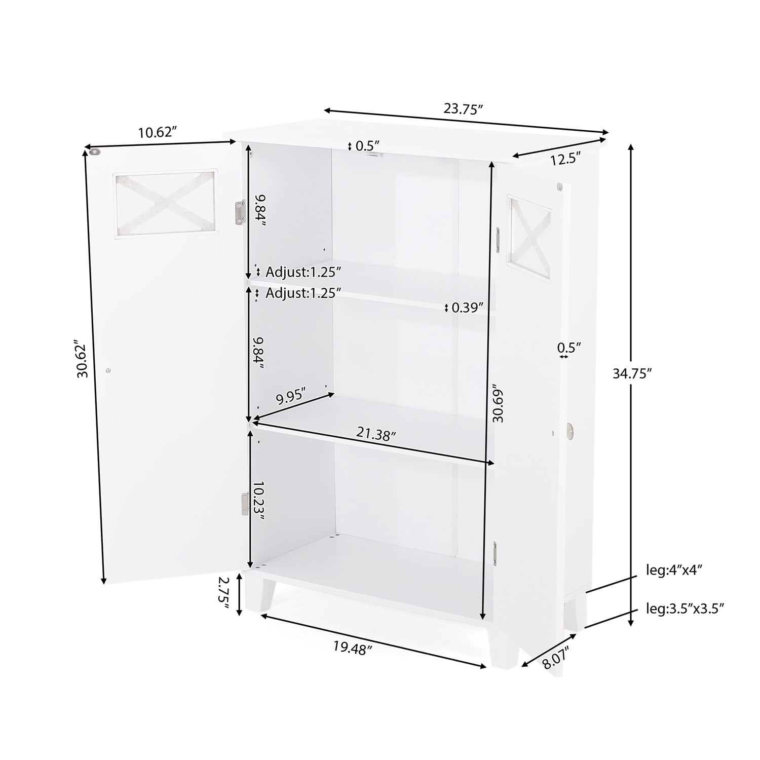 Kadyn MDF Bathroom Storage Cabinet, Floor Storage Cabinet with Double Door, Accent Storage Cabinet for Kitchen, White