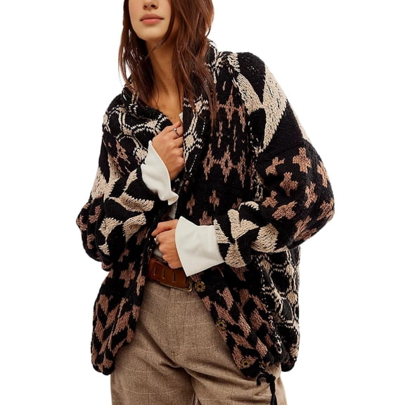 Women Fall Sweater Cardigans Graphic Button Down Collar Knitwear Long Sleeve Oversized Print Coats(Black-OneSize)