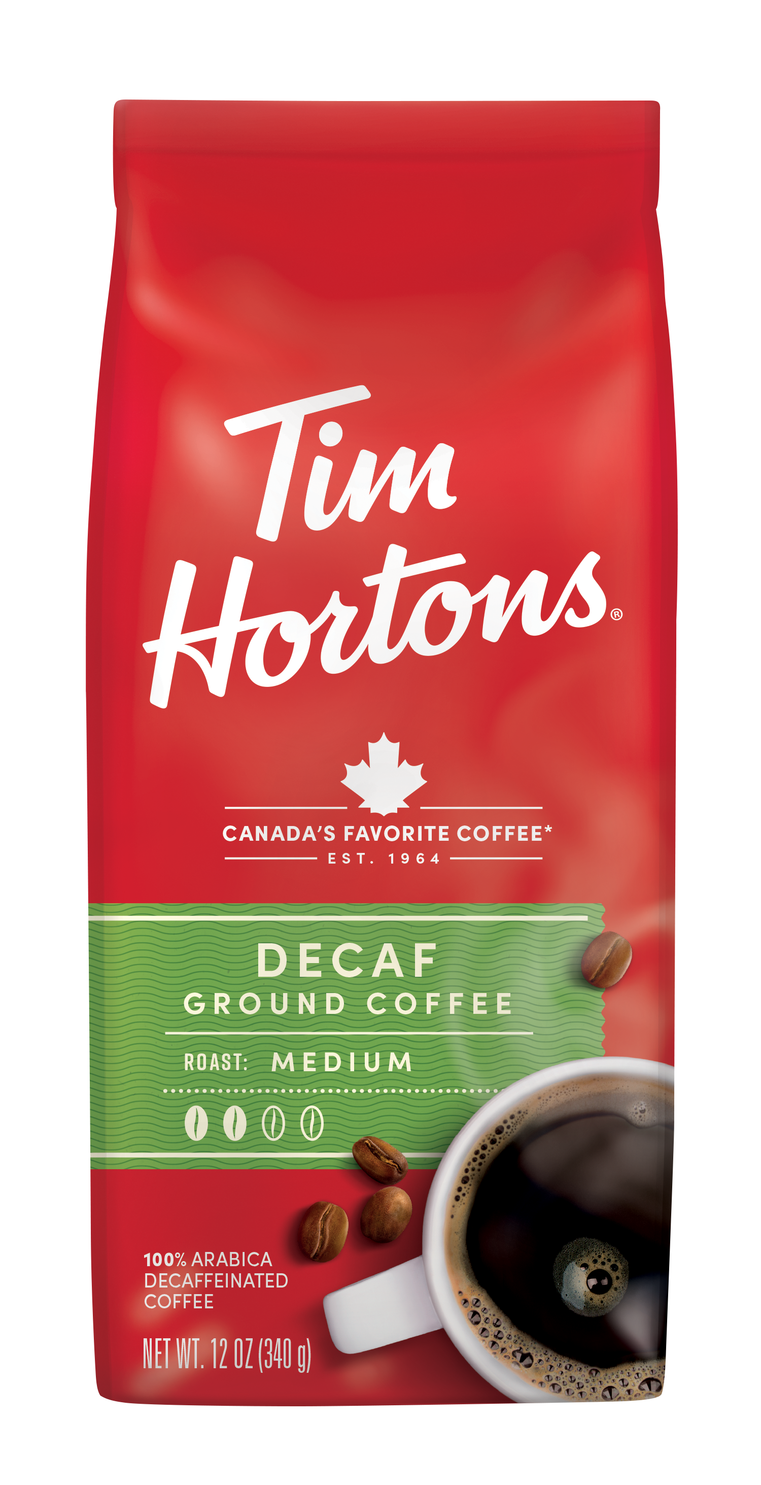 Tim Hortons Decaf Ground Coffee, 100% Arabica Medium Roast, Naturally Decaffeinated, 12 oz