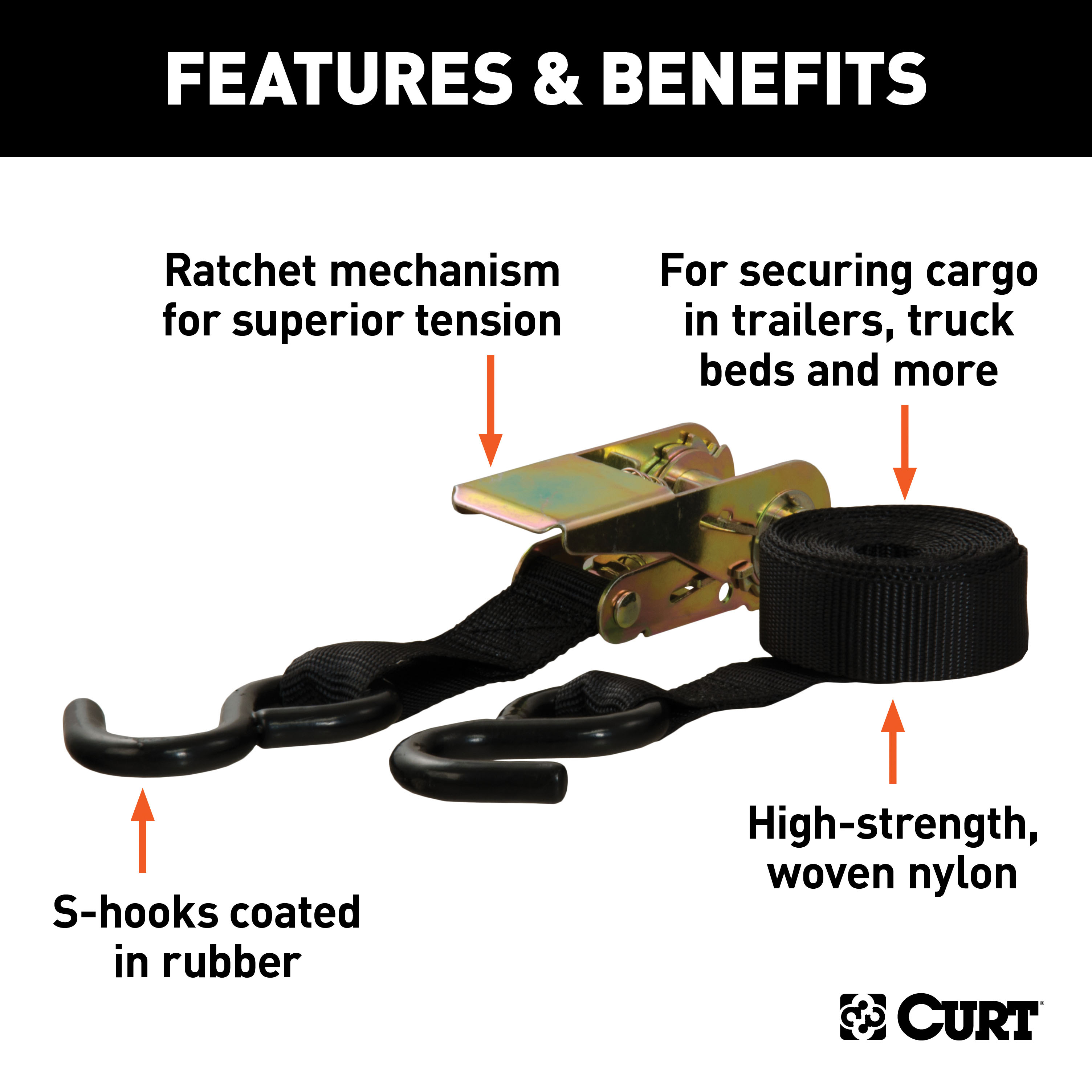 CURT 83009 1-Inch x 10-Foot Black Nylon Ratchet Straps, 1,500 lbs. Break Strength, 2-Pack - image 2 of 6