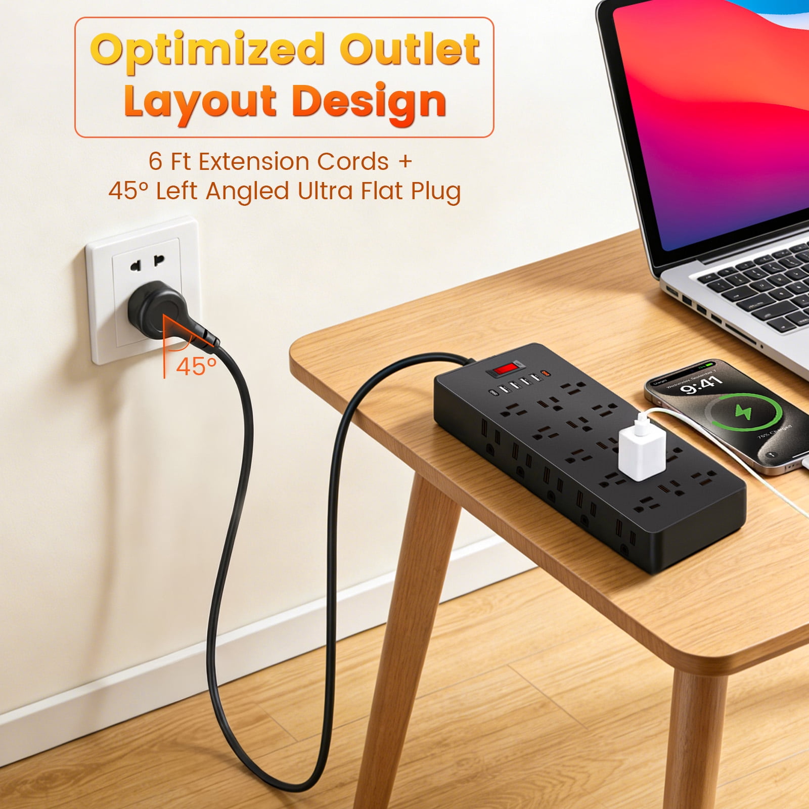 ZHANGONG 25-Outlet Power Strip with 6 USB Ports (2 USB-C) & Flat Plug, 2000J Surge Protector, 15A 1875W, 6.5ft Cord for Home Office Desk Electronics