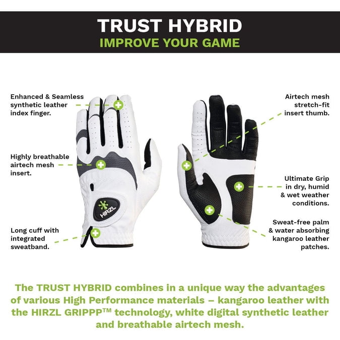 HIRZL Trust Hybrid Golf Glove - Kangaroo Leather, Superior Grip, Breathable, Durable, White/Black, Left Hand, Men's, Small
