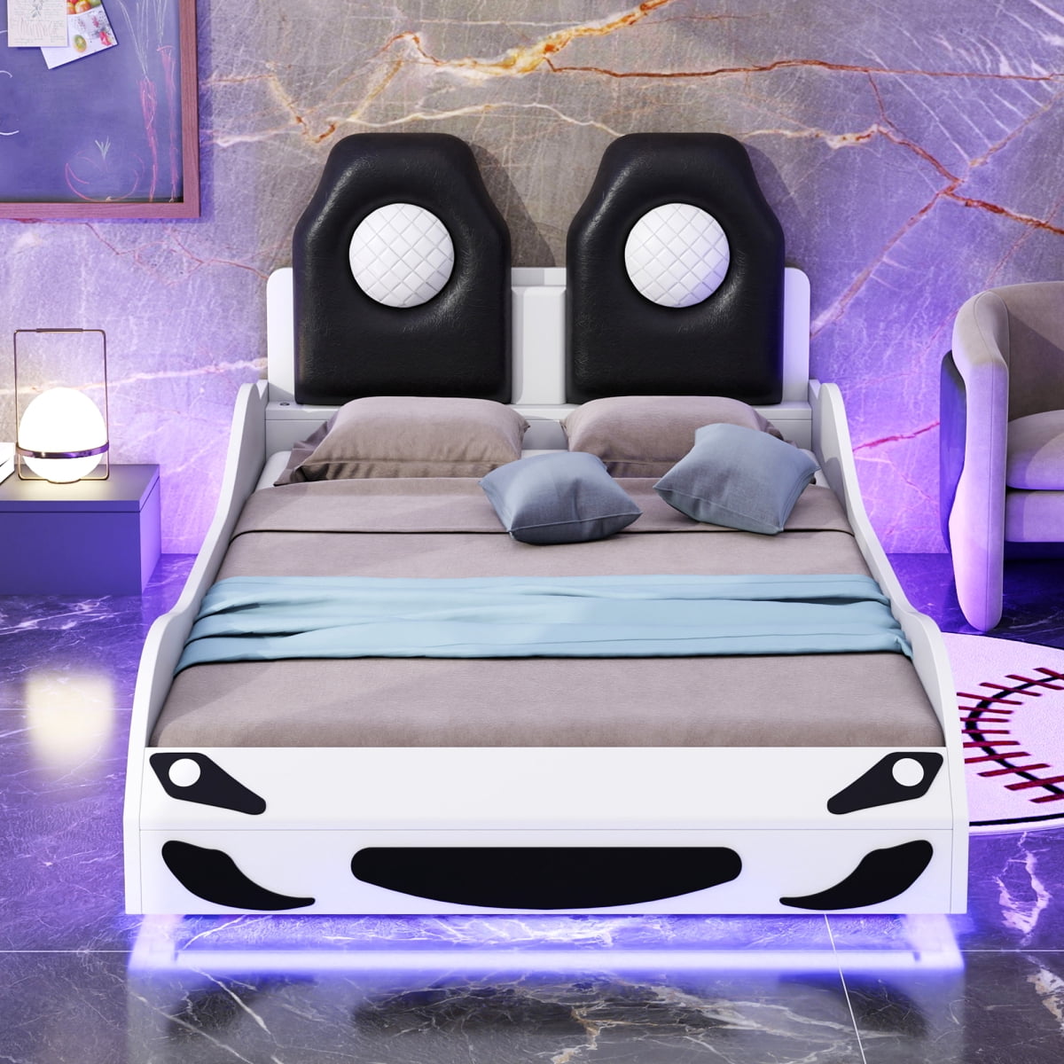 Wood Twin Size Race Car-Shaped Platform Bed with LED and Upholstered Backrest, White    RR