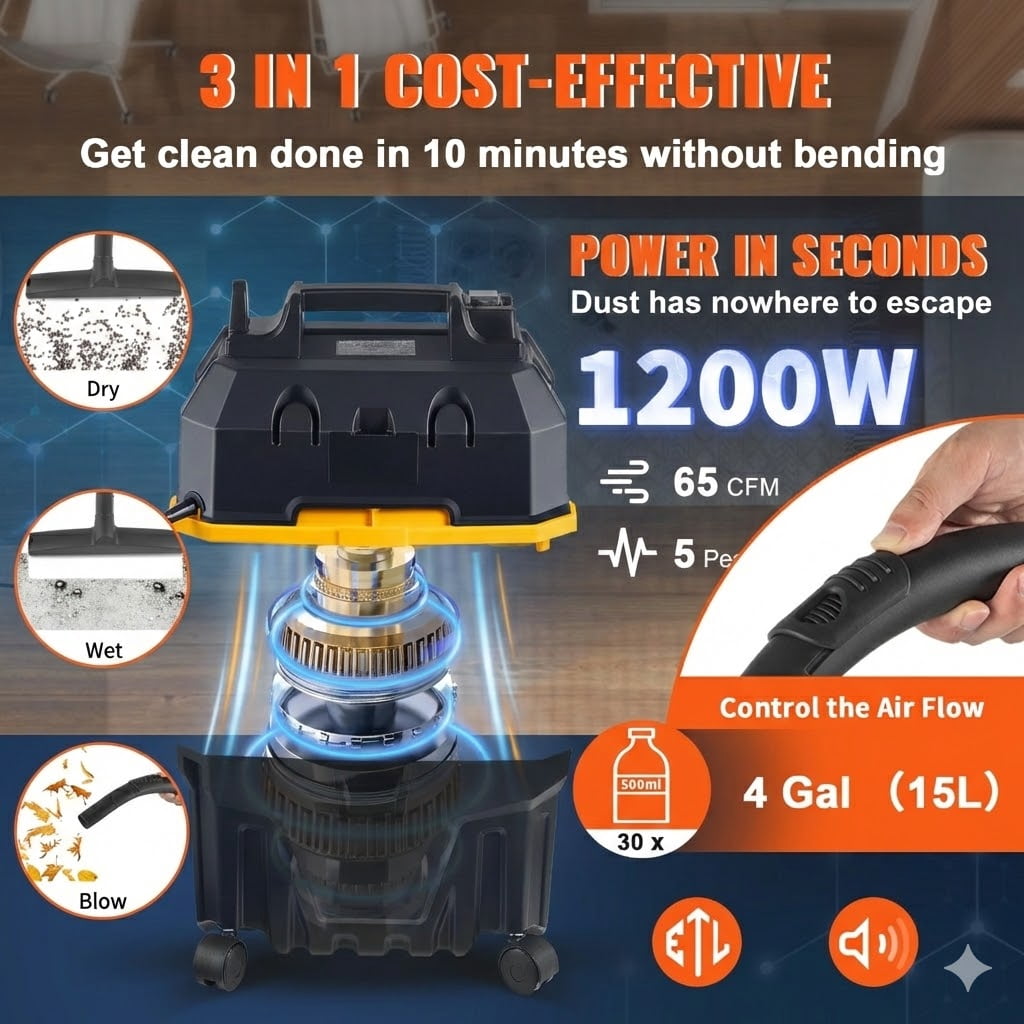 3 in 1portable 4 Gallon wet & dry Vacuum with 5 Peak HP and Blowing Feature