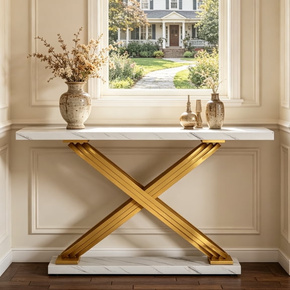 Fnova 55" Modern Luxury Console Table, Gold & White Faux Marble Entryway Table, X-Shaped Frame Narrow Sofa Table for Living Room, Hallway