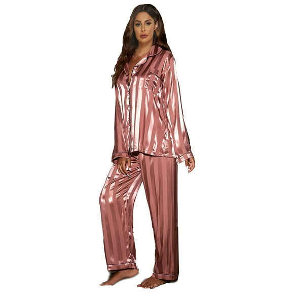 Womens Pajamas Set Long Sleeve Button Down Top and Pants Sleepwear 2 Pieces Vertical Striped Silky
