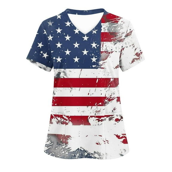 Gamivast Scrubs for Women American Flag Print V-Neck Short Sleeve Nursing Scrubs Breathable Quick-Dry Usa Scrub Shirts Trendy Fit Healthcare Uniform