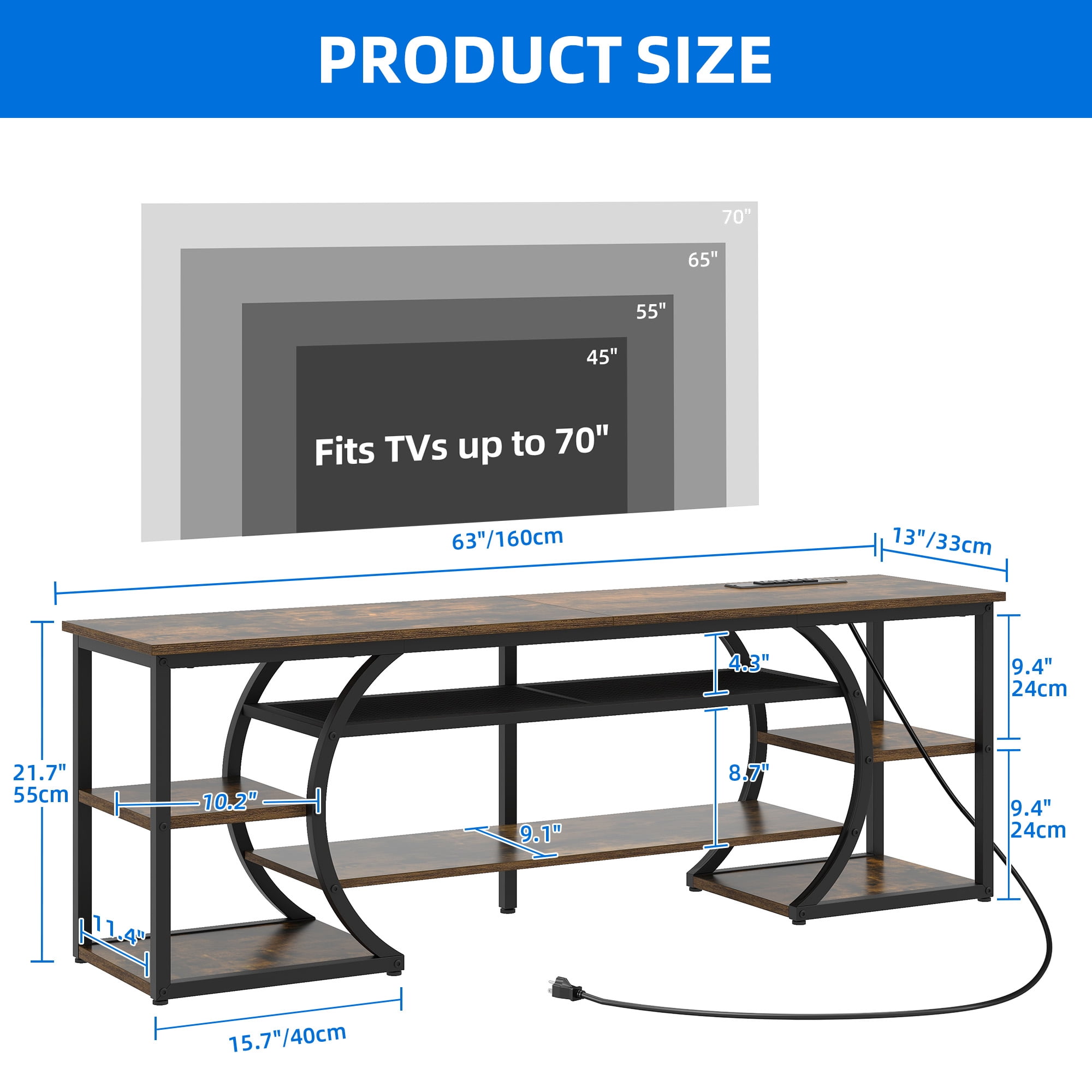 Uforic LED TV Stand for 70 Inch TV, Rustic Entertainment Center TV Console w/Power Outlets, Brown