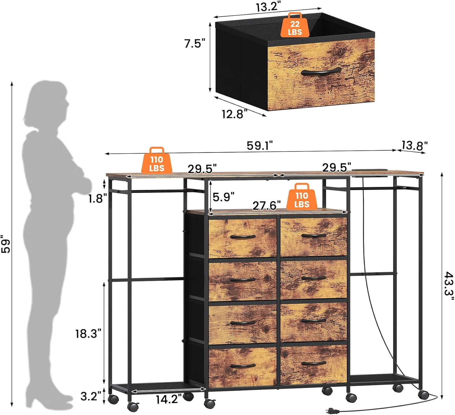 Winkalon Dresser with Clothes Rack 8 Drawer Dresser with Clothing Rack for Hanging Clothes Brown Dresser with Fabric Drawers & Charging Station