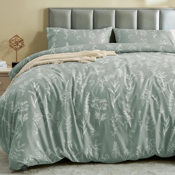 MUXHOMO Housse de Couette Format Grand, Ensemble de Housse de Couette Réversible Vert Floral avec Fermeture Éclair, Ensemble de Literie en Microfibre Douce à Motifs Botaniques 3 Pcs