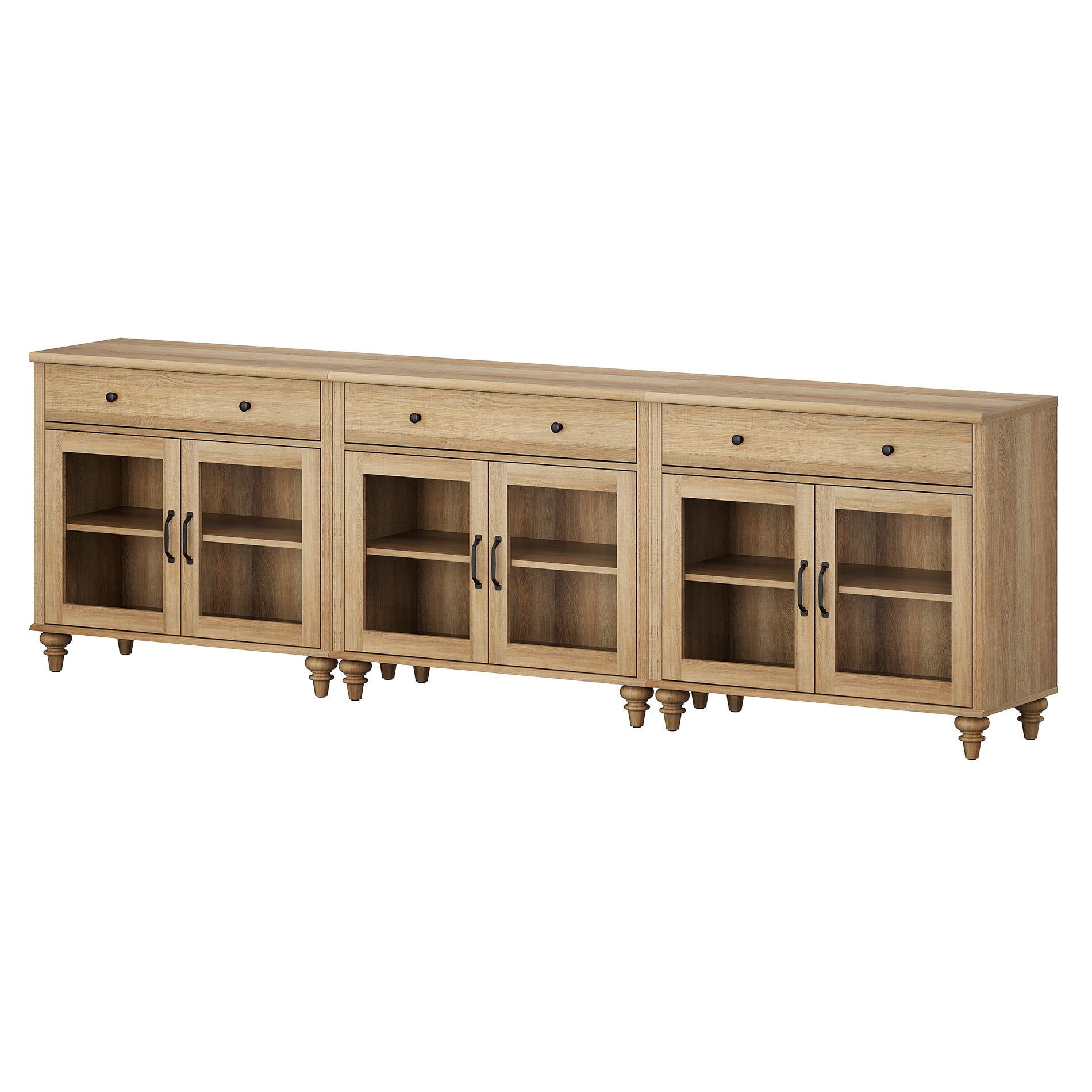 101" Oak Glass Door Buffet Cabinet with Drawer, Farmhouse Sideboard with Storage