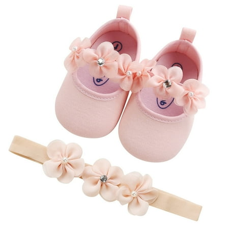 

1 Set Baby Walking Soled Shoes Kid Pearl Flower Shoes Headdress