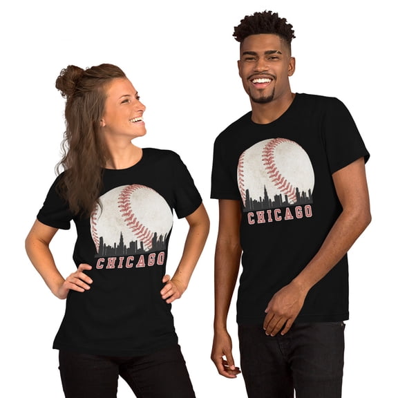 Chicago Baseball Skyline Graphic T-Shirt, Vintage Sports City Design Tee (Black, XS)