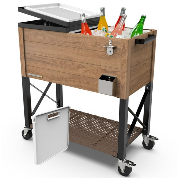 Permasteel 80-Qt Rolling Party Cooler with Divider, 36-Hour Chill, Spacious Ice Chest for Indoor/Outdoor Events, Wood Grain Finish, Wicker Shelf, Durable Design, Brown