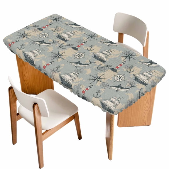 Blue Grey Seaports Table Cloths for 6 Foot Rectangle Tables, Vintage Ocean Anchor Shark Lighthouse Patio Waterproof Elastic Fitted Tablecloths, Washable Rectangular Table Cover for Camping