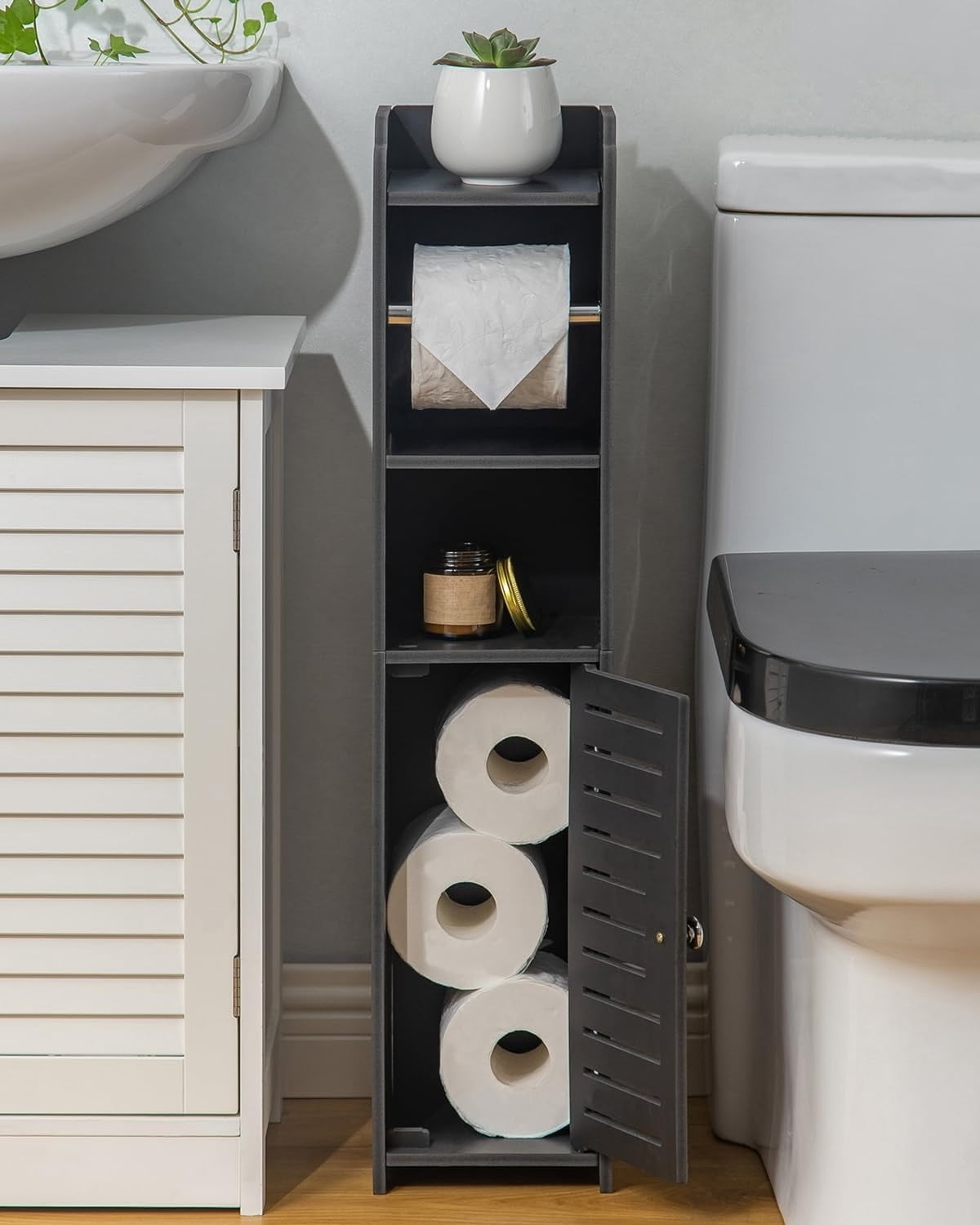 Toilet Paper Holder Stand: Bathroom Storage Cabinet Beside Toilet Storage for Small Bathroom with Toilet Roll Holder - Black-Multicolor-Bamboo
