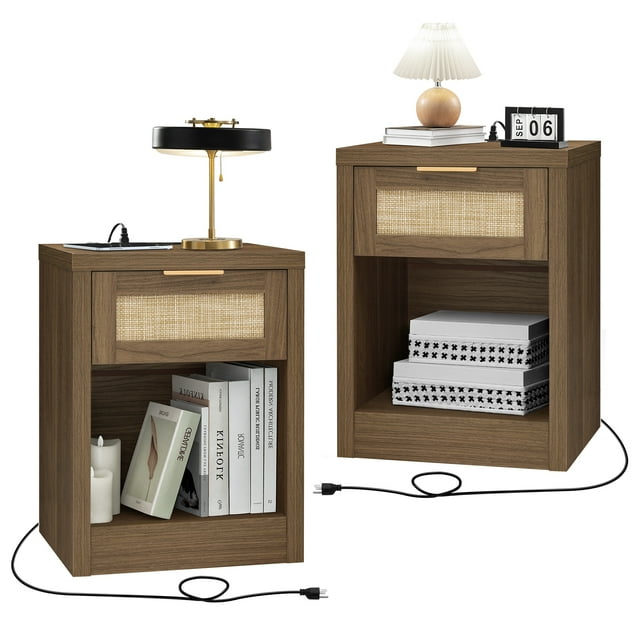 OAKHAM Rattan Nightstand Set of 2 with Charging Station, Bedside Table with Type-C/USB Port, Special Walnut