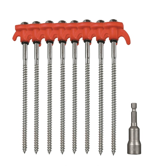 Tent Stakes, Heavy Duty Orange Screw Style Metal Tent Pegs, 8 Pack with 1 Pcs Hex Shank Socket, for Outdoor Camping Hiking Backpacking Canopy Tarp Securing in Hard Soil Sandy Ground