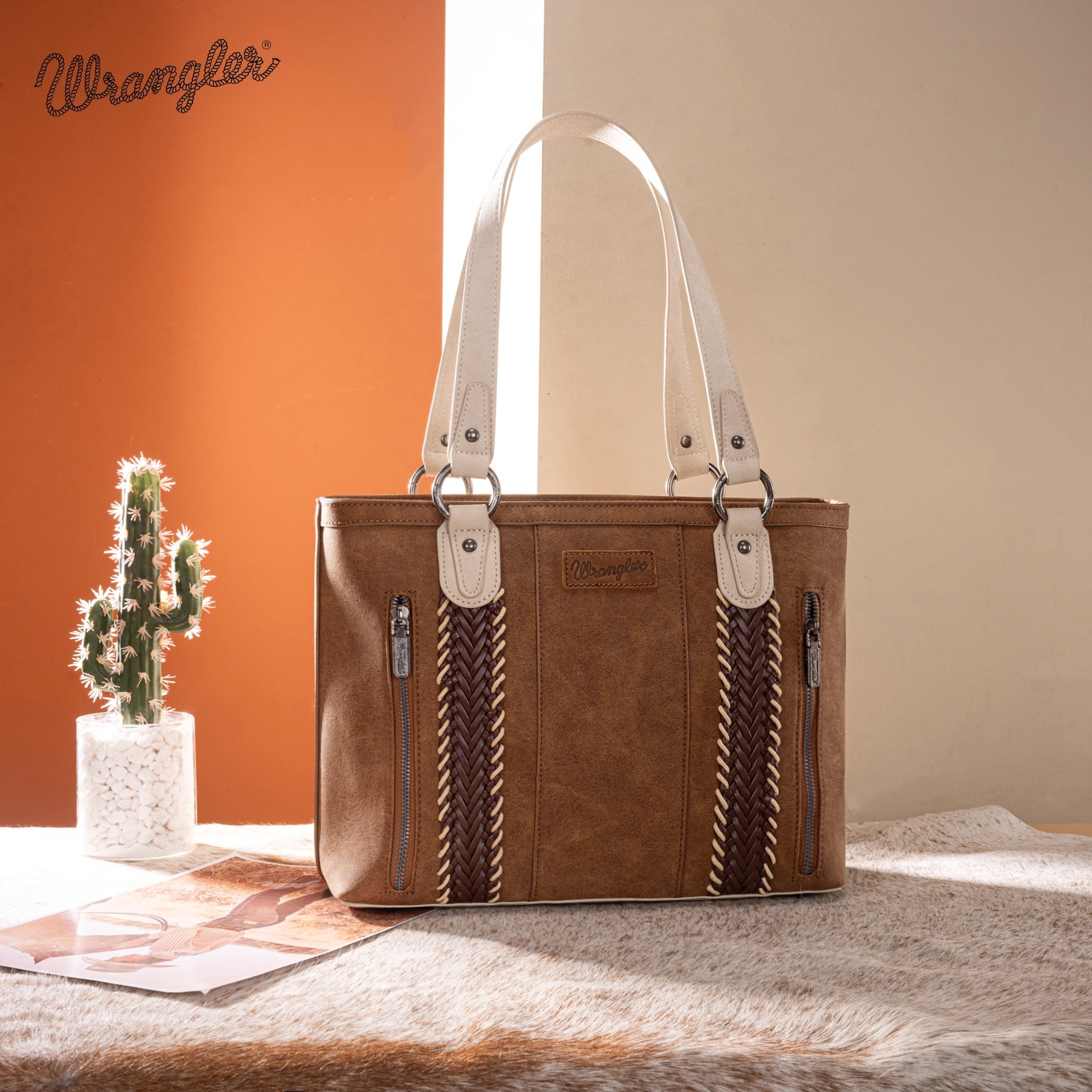 Wrangler Distressed Tote Bag for Women Western Purse Multi Pockets Handbags and Shoulder Bag, Brown