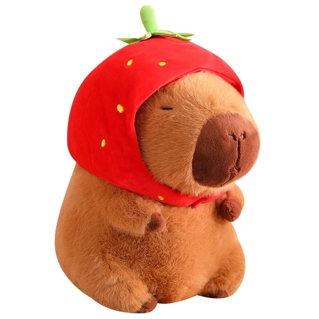 Strawberry Hat Capybara Plush Toy Simulation Turtle Backpack Capibara Stuffed Animals Papa Hand Circle Ring Small size Pendant DMH